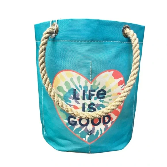 SEA BAGS TIE-DYE LIFE IS GOOD BEACHCOMBER BUCKET BAG TOTE Teal Blue Rainbow - Picture 1 of 12